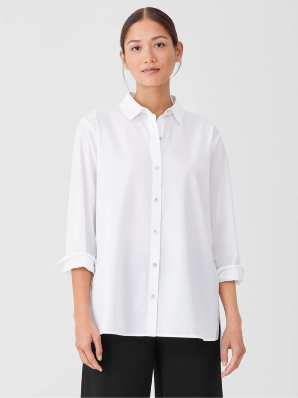 Eileen Fisher White Poplin Button-Up Shirt Organic Cotton 1X Minimal